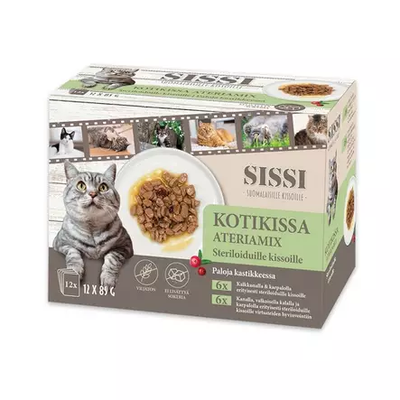 Kotikissa Sissi Ateriamix Steriloiduille kissoille, paloja kastikkeessa 12 x 85 g - Koiran märkäruoat - 30242 - 1